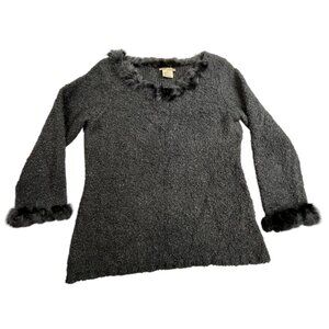 Escapade Sweater Women Medium Black Fuzzy Knit Rabbit Fur Trim Y2K Retro Top Y2K